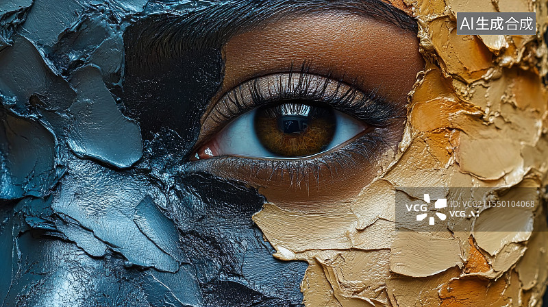 【AI数字艺术】黑金色调肌肤纹理与眼睛特写图片素材