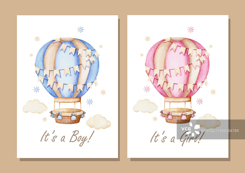 蓝色和粉色热气球的水彩画套装图片素材