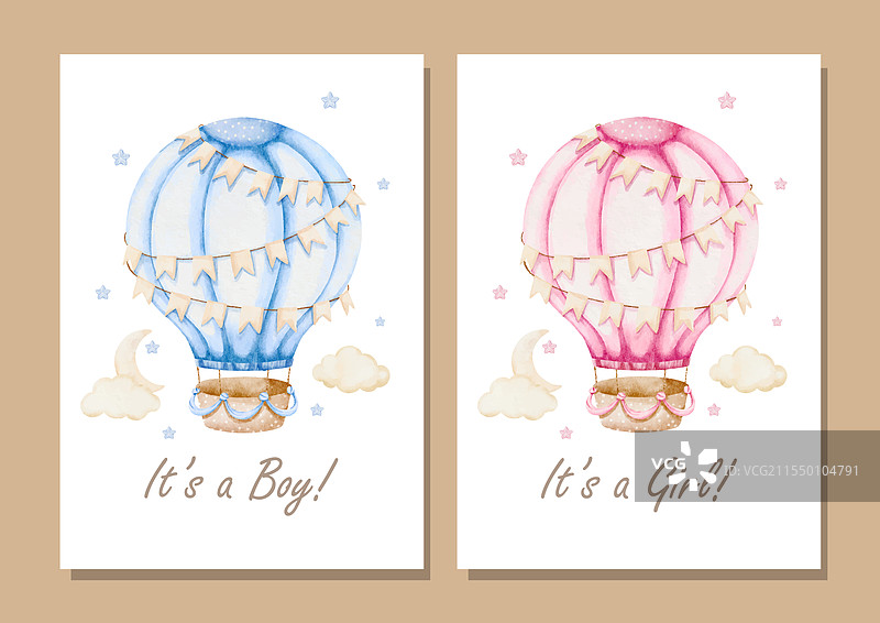 蓝色和粉色热气球的水彩画套装图片素材