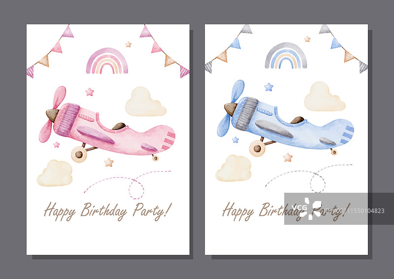蓝色和粉色复古飞机的水彩画套装图片素材