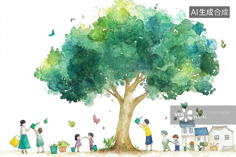 【AI数字艺术】孩子们在大树下浇水图片素材