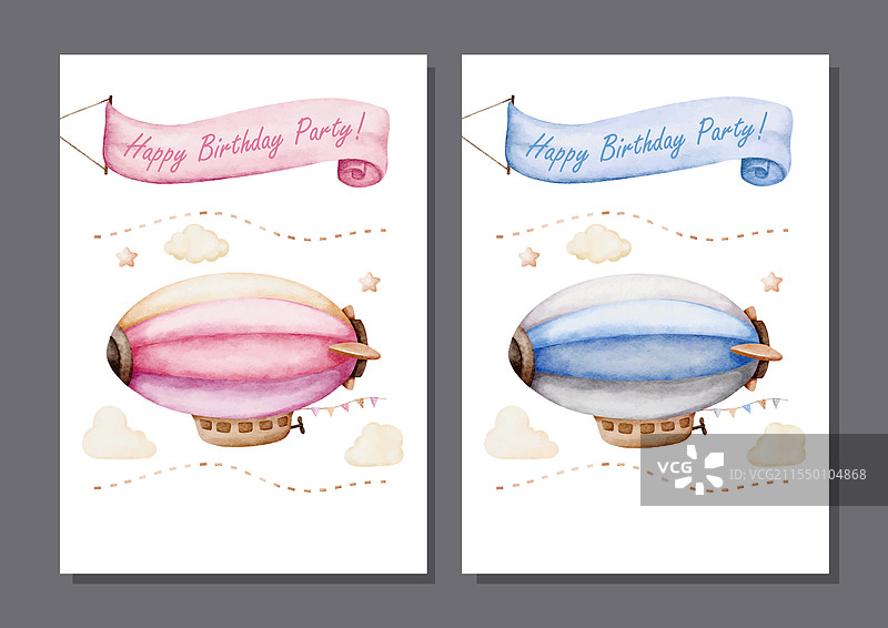 蓝色和粉色的水彩飞艇套装图片素材