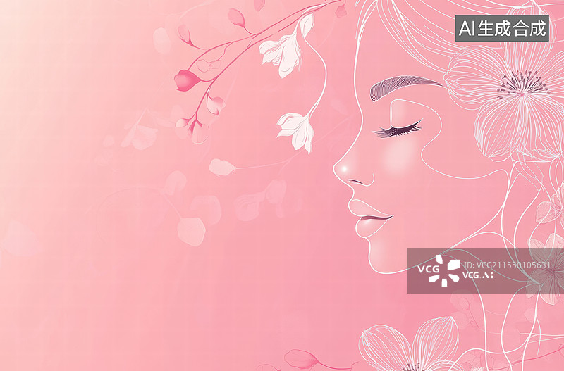【AI数字艺术】粉色花朵中的女孩侧脸图片素材