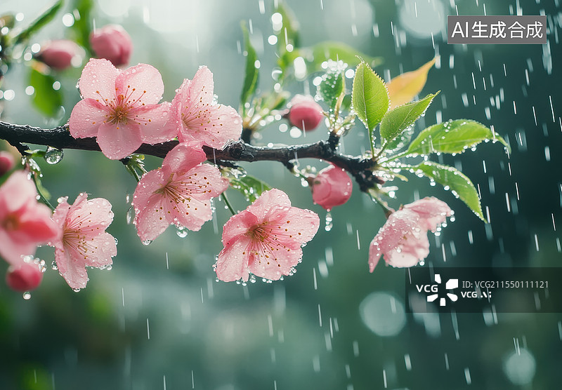 【AI数字艺术】雨中樱花图片素材