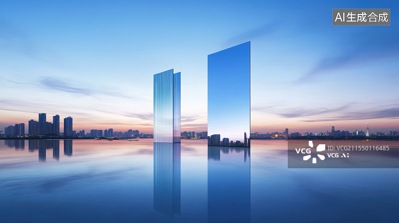 【AI数字艺术】城市夜景风光道路平台与立着的玻璃镜子图片素材