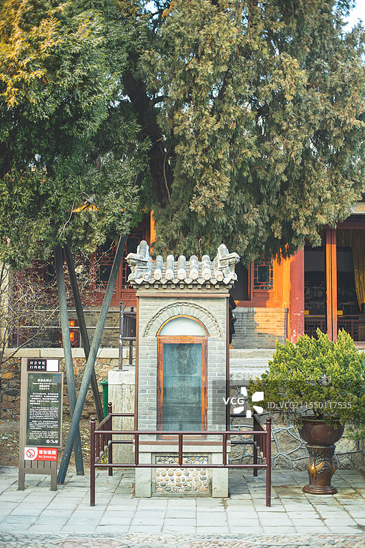 中国山东泰安著名景点泰山旅行旅游目的地，泰山第一行宫岱庙，东御座的李斯石碑和松树，户外白昼无人图像图片素材