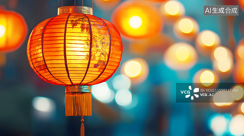 【AI数字艺术】AIGC：街道上悬挂的红灯笼，中国传统节日背景，图片素材