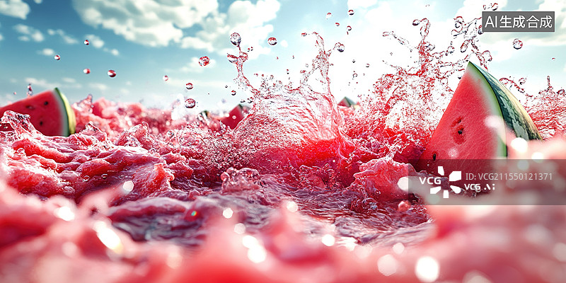 【AI数字艺术】清爽夏日饮料飞溅新鲜季节水果系列西瓜汁冰镇维生素冷饮料促销产品包装海报蓝色背景图片素材