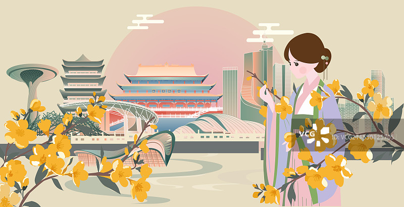 合肥二十四节气立春惊蛰清明城市建筑横版矢量插画图片素材