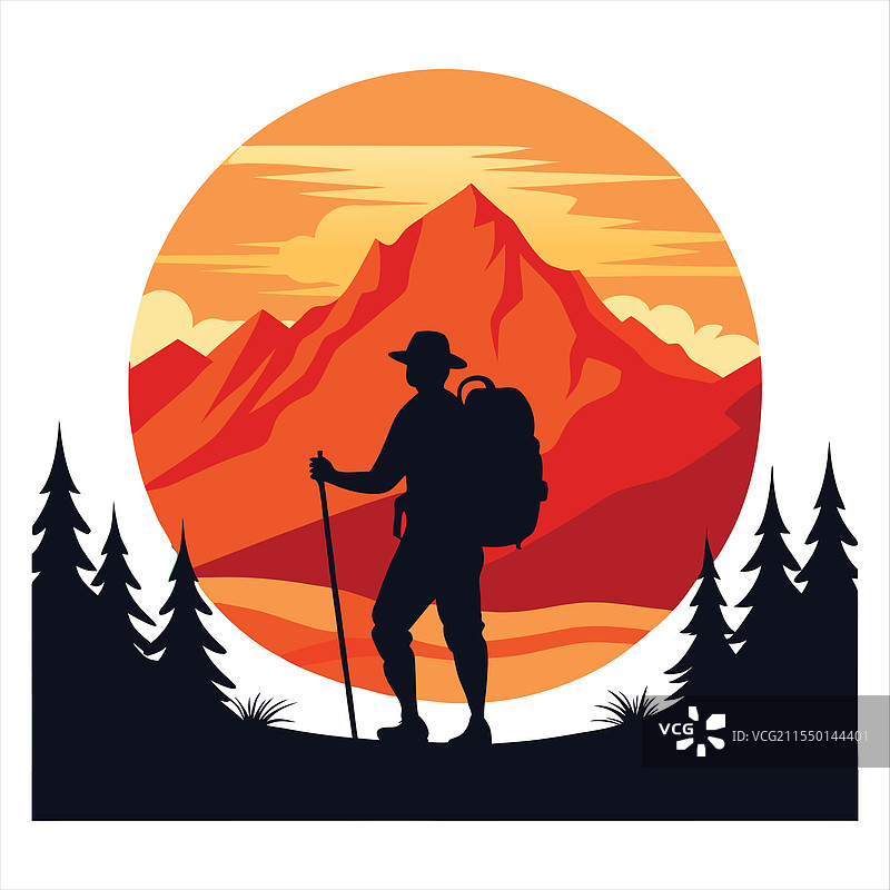 日落山景中的徒步旅行者剪影图片素材