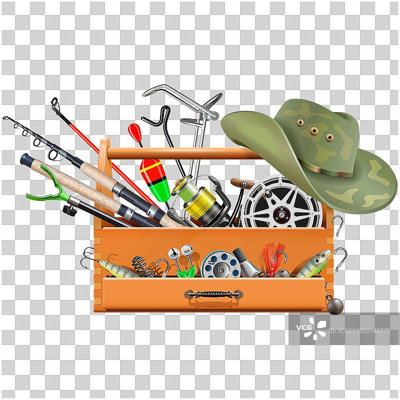 钓鱼配件与木箱图片素材