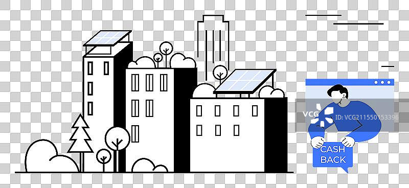 带有太阳能电池板和现金返还的城市建筑图片素材