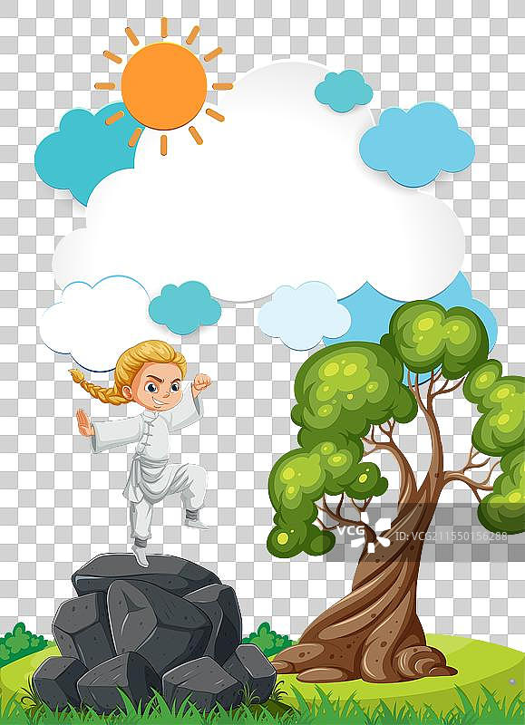 穿着空手道服的动画小孩在户外训练图片素材