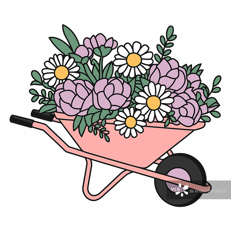 粉色的手推车上装满了五彩缤纷的花朵和叶子图片素材