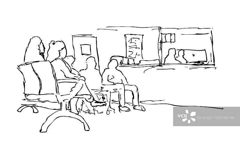 简单的候诊室里坐着的人们素描图片素材