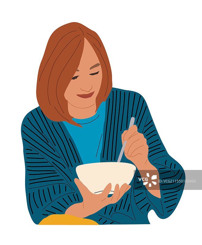 年轻女性独自从碗中进食图片素材
