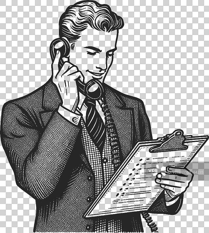 复古商人打电话的雕刻图案图片素材