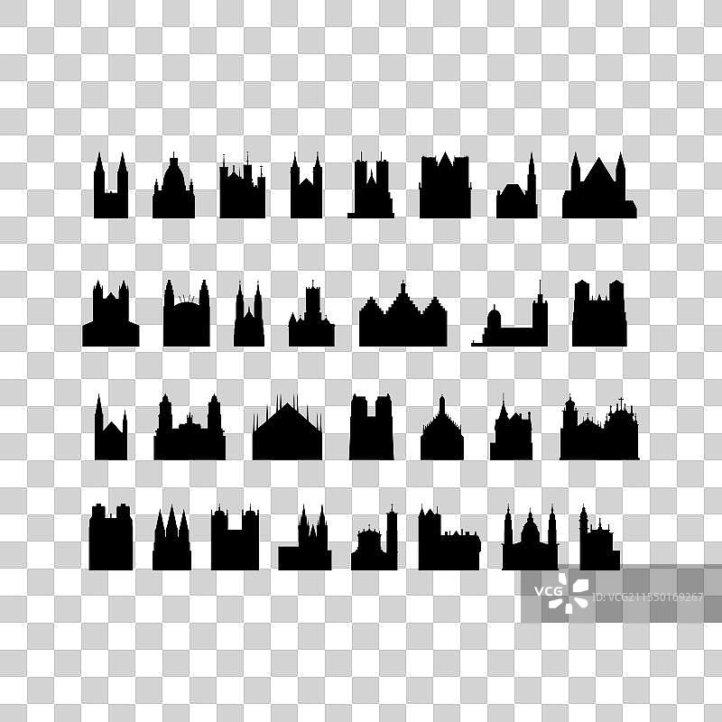 教堂图标集合，黑白隔离设计图片素材