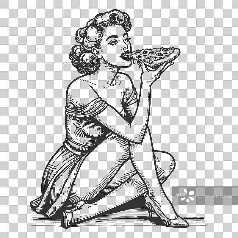 女人吃披萨的雕刻图片素材