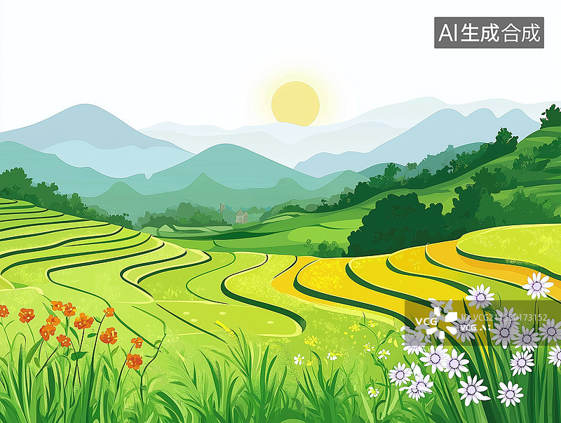 【AI数字艺术】春天稻田梯田储藏间图片素材