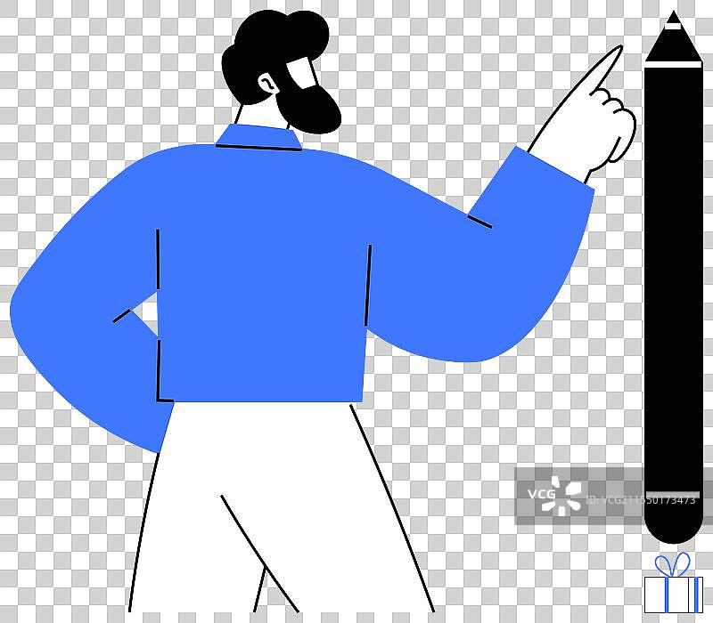 穿蓝色夹克的男人指着一支高铅笔图片素材