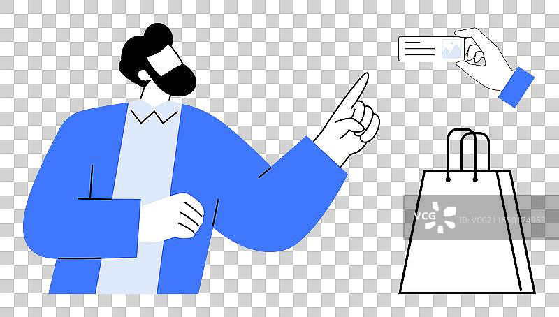 男子手势指向信用卡和购物袋图片素材