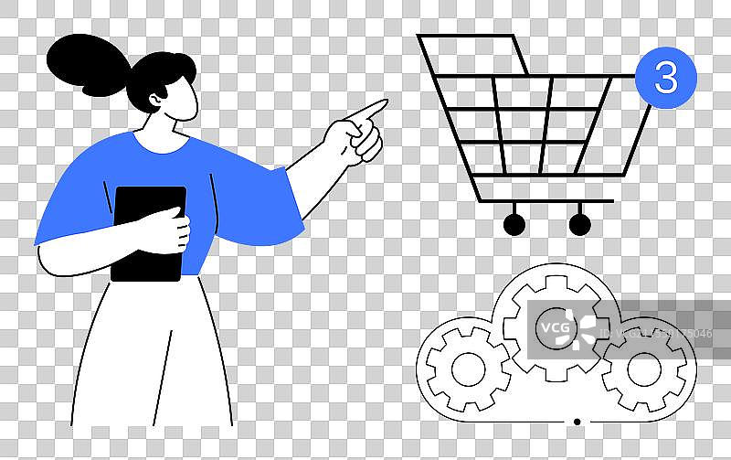 电子商务购物者指向装有三件商品的购物车图片素材