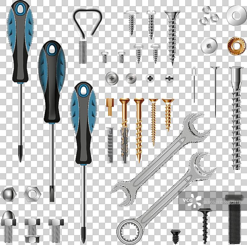 螺丝、螺栓、工具的真实套装图片素材