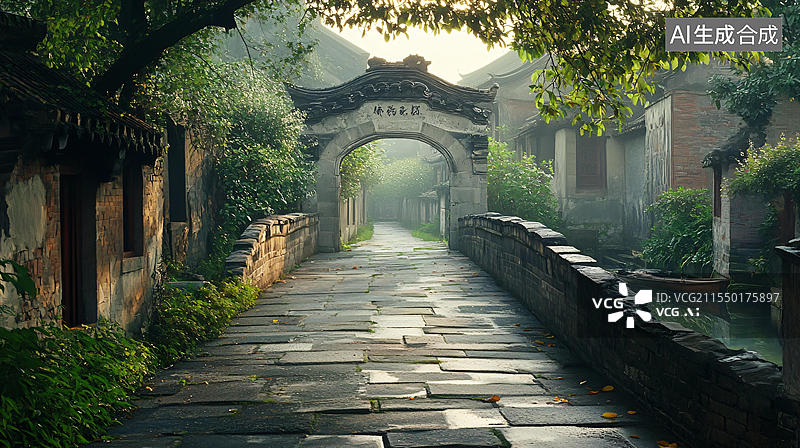 【AI数字艺术】乌镇水巷清晨图片素材
