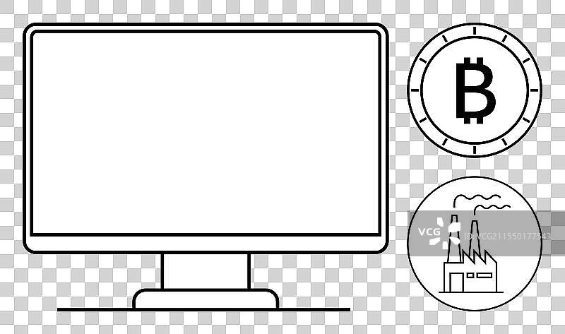 带有比特币符号和工厂的电脑显示器图片素材
