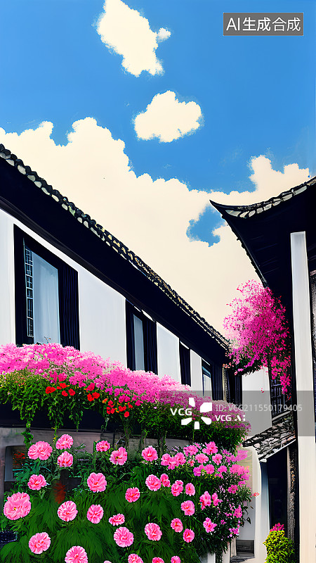【AI数字艺术】古镇街道里种满鲜花，炫彩插画图片素材