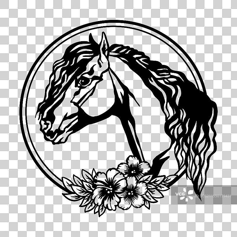 马匹长鬃，周围环绕着花朵图片素材