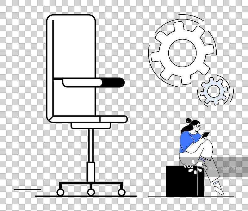 带齿轮的办公椅和使用平板电脑的女性图片素材