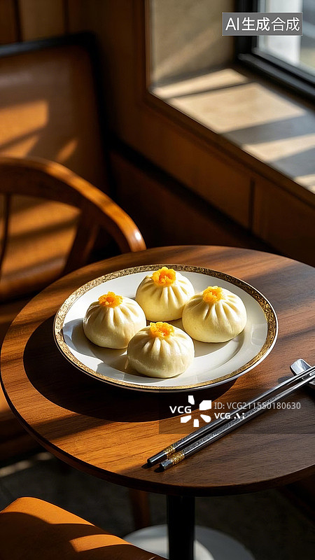 【AI数字艺术】中国传统美食广式早茶美食奶黄包图片素材