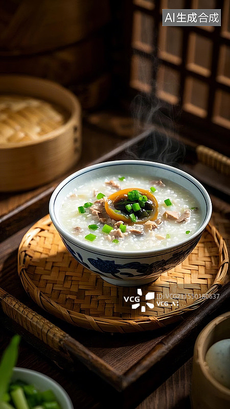 【AI数字艺术】中国传统美食广式早茶美食皮蛋瘦肉粥图片素材