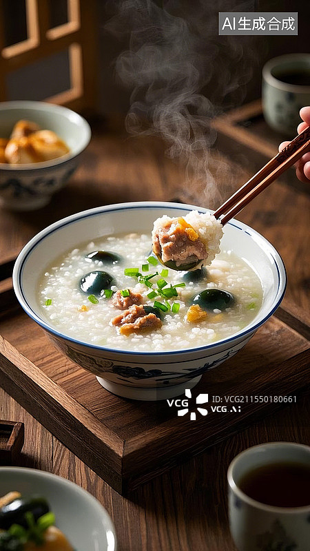【AI数字艺术】中国传统美食广式早茶美食皮蛋瘦肉粥图片素材