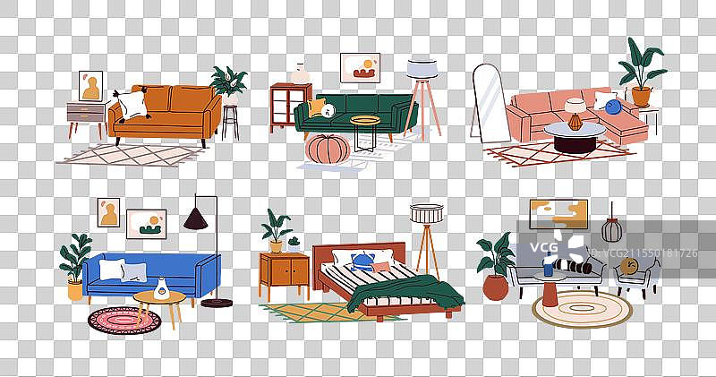 现代客厅和卧室室内设计图片素材