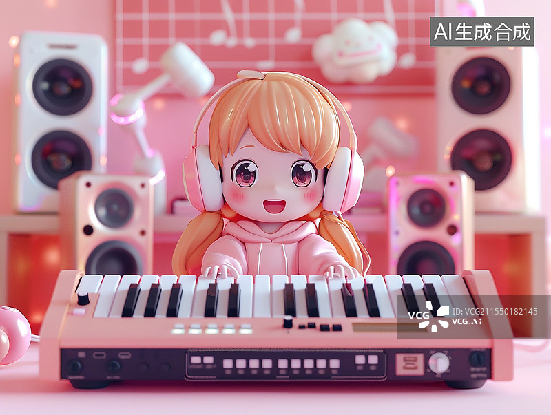 【AI数字艺术】一个可爱的3D小女孩在弹电子琴图片素材