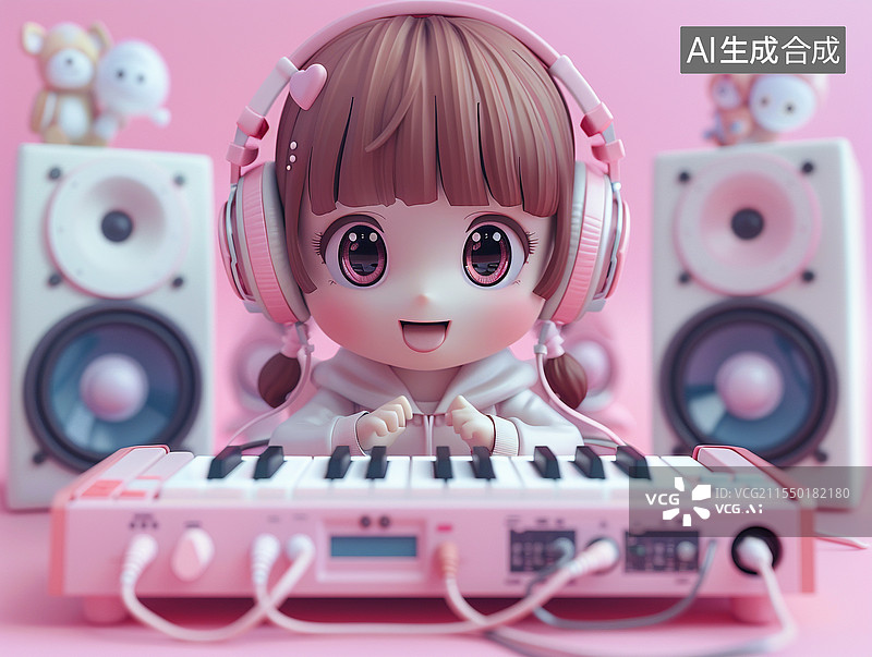 【AI数字艺术】一个可爱的3D小女孩在弹电子琴图片素材