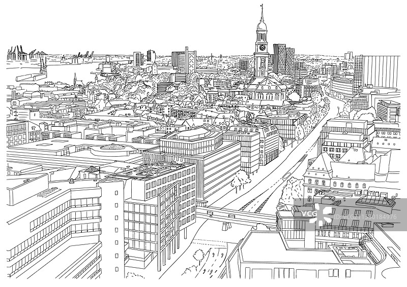 汉堡天际线，圣迈克尔教堂和港口图片素材