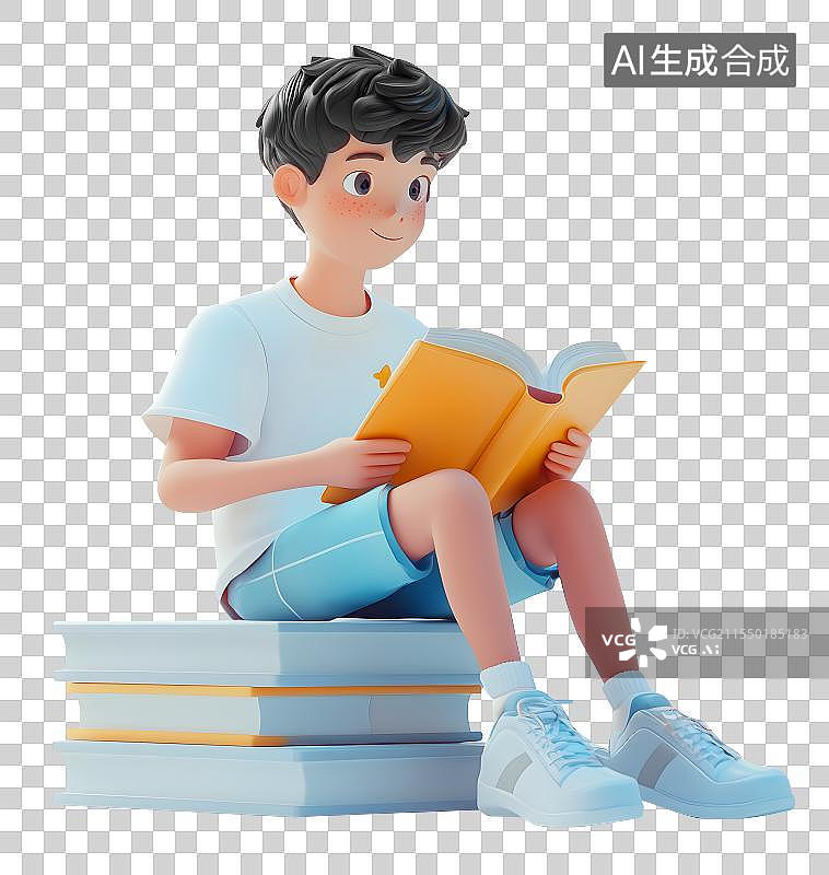 【AI数字艺术】坐在书本上看书的中学生男孩3D卡通风格免扣元素图片素材