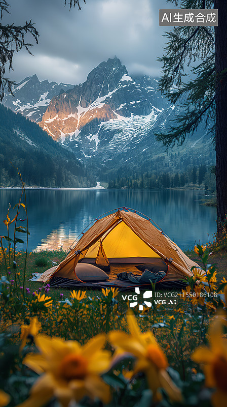 【AI数字艺术】初春在雪山下的花海中搭建露营帐篷图片素材