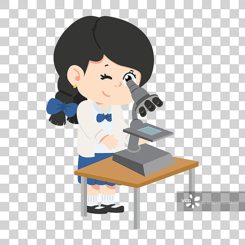 卡通女孩在用显微镜观察图片素材