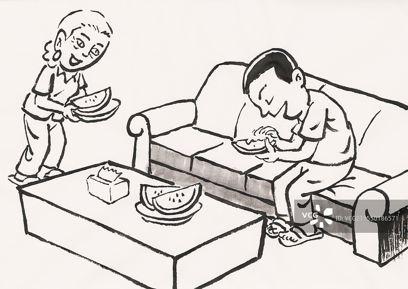 妈妈端来西瓜给儿子吃图片素材