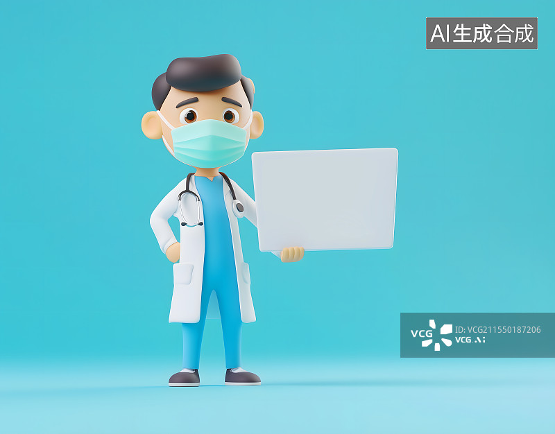 【AI数字艺术】戴口罩举牌男医生3D卡通风格背景图片素材