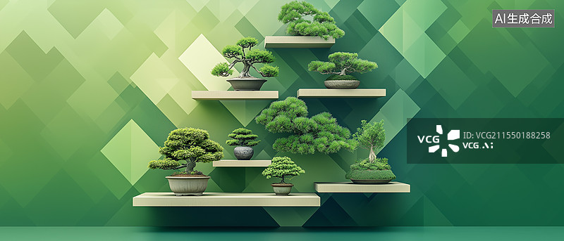 【AI数字艺术】绿色几何层次盆栽展示场景图片素材
