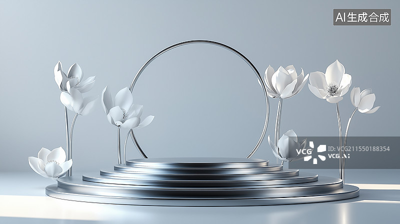 【AI数字艺术】银色圆形讲台与立体花朵装饰场景图片素材