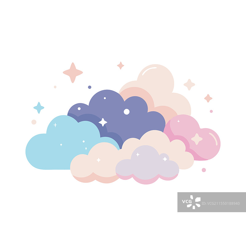 卡通云朵被闪烁的星星环绕图片素材