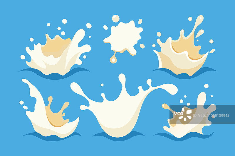 动态液体牛奶飞溅平面图蓝色背景图片素材