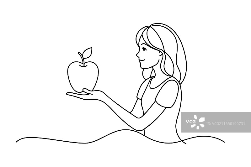 女孩手握苹果的线条艺术，白色背景。图片素材